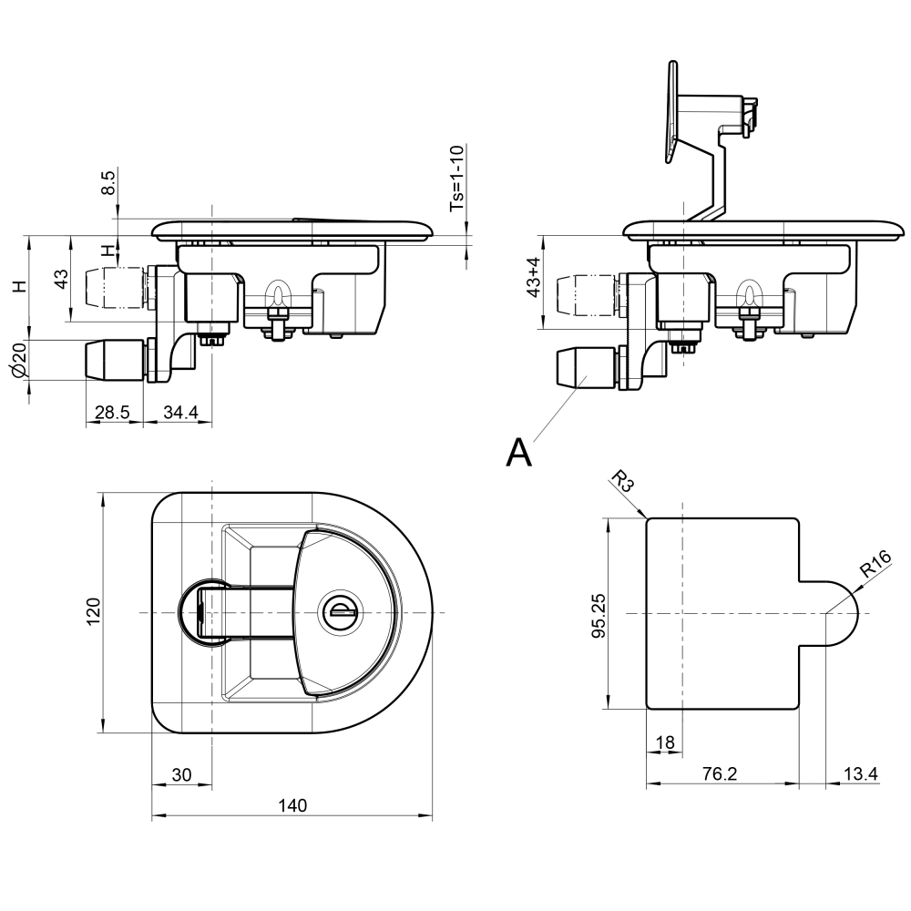 Klappgriff Klappenschloss T-Mulden Griff LKW Wohnwagen Schloß verchromt 1130-U15