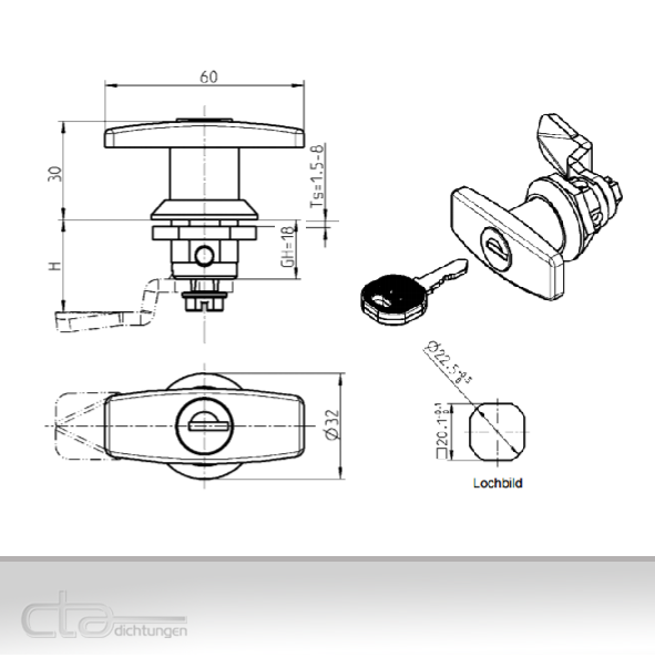 1x T-Griff Schloss Drehriegel Schaltschrank abschließbar Spindschloss 1C00-713