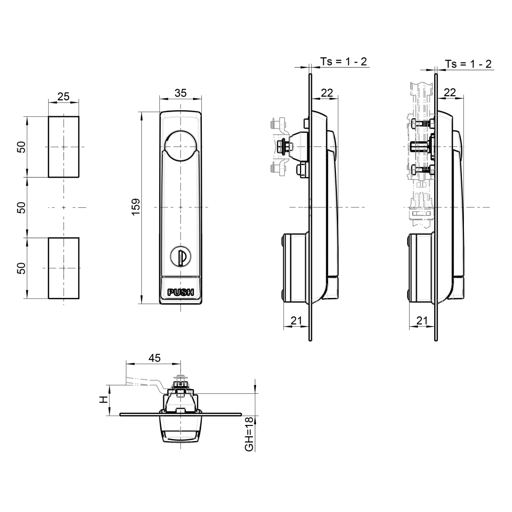 1x Schwenkgriff Schwenkhebel Verschluss Metall Push EK 333 Zylinder 1225-U302