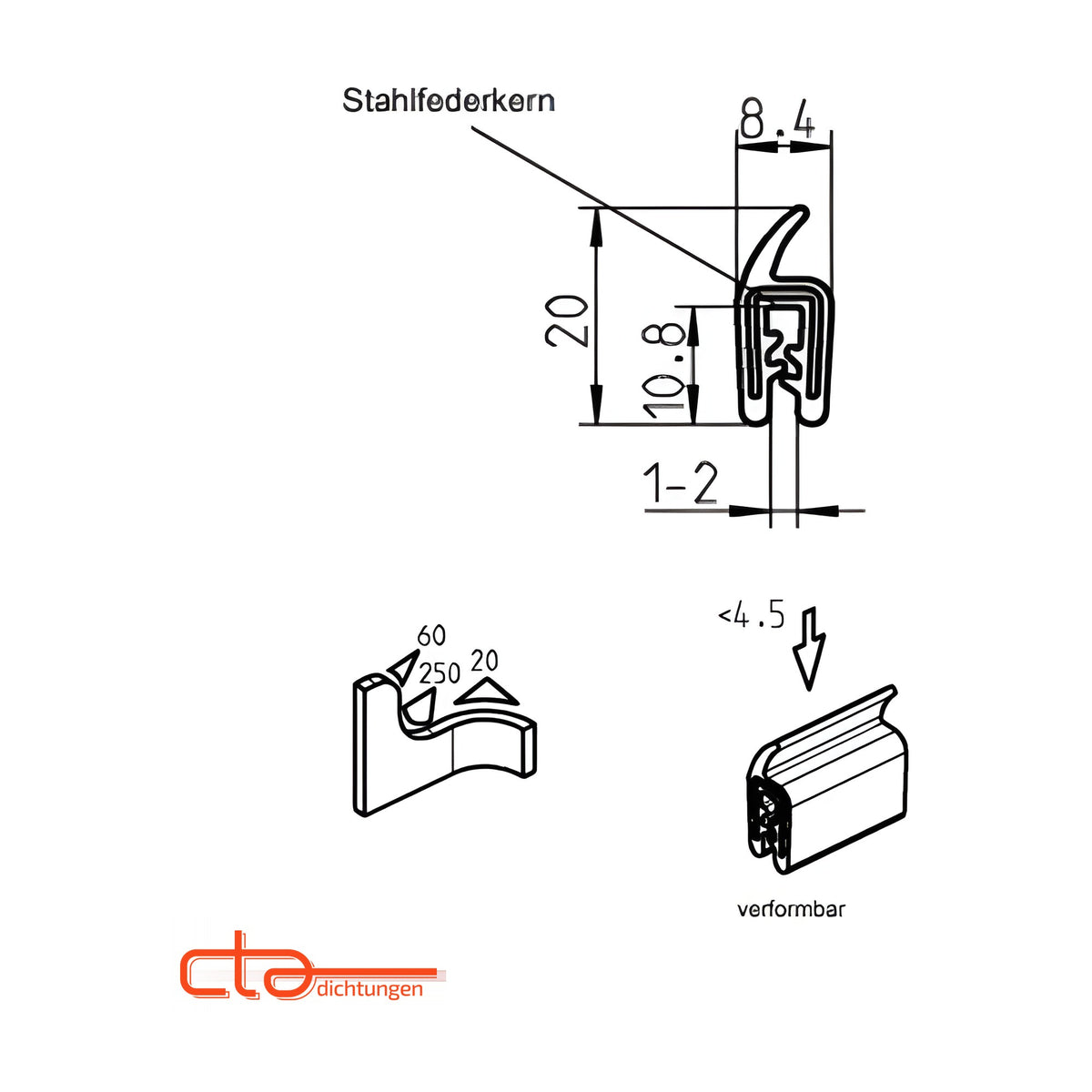 EPDM clamping profile with sealing bulb, clamping range 1–2 mm, black (1C11-31)