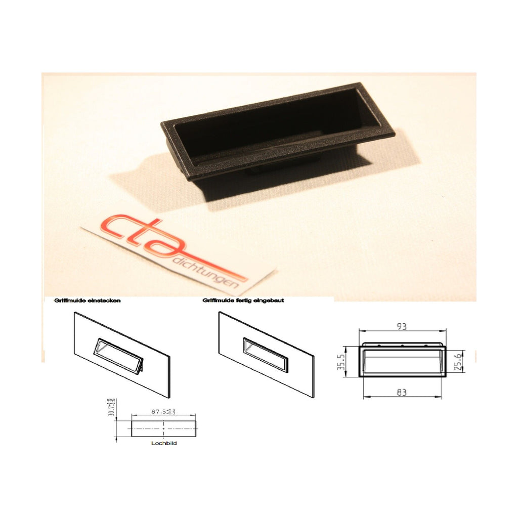 Clip-in recessed handle, sheet 1.2–1.6 mm, cut-out 87.5 × 30.7 mm, plastic black (1C91-103-2)