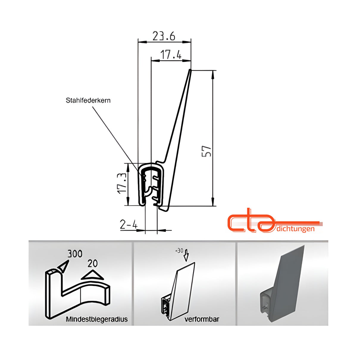 EPDM/PVC clamping profile with sealing bulb, clamping range 2–4 mm, black (1C11-27)