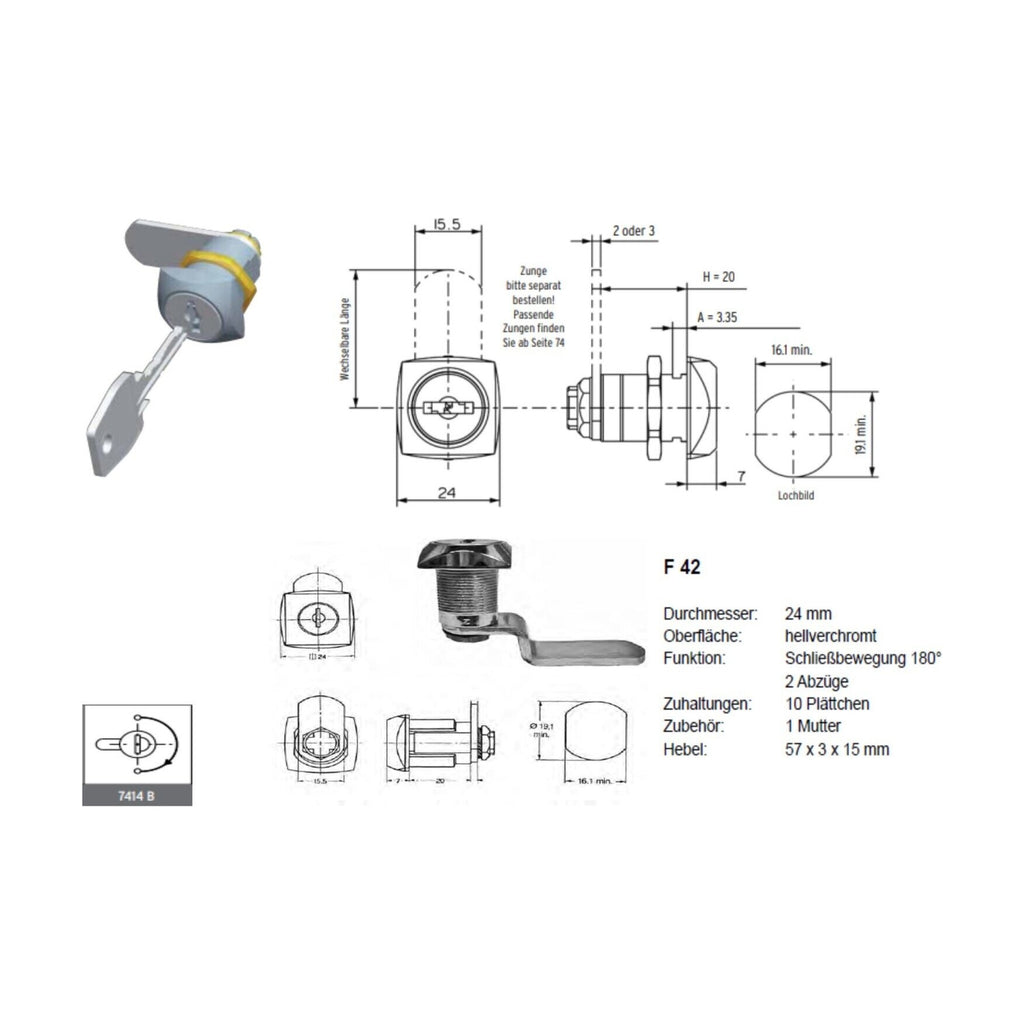 Zylindervorreiber 24 mm, 2 Schlüssel, Zink-Druckguss verchromt (7401-2174) – Ansicht 3