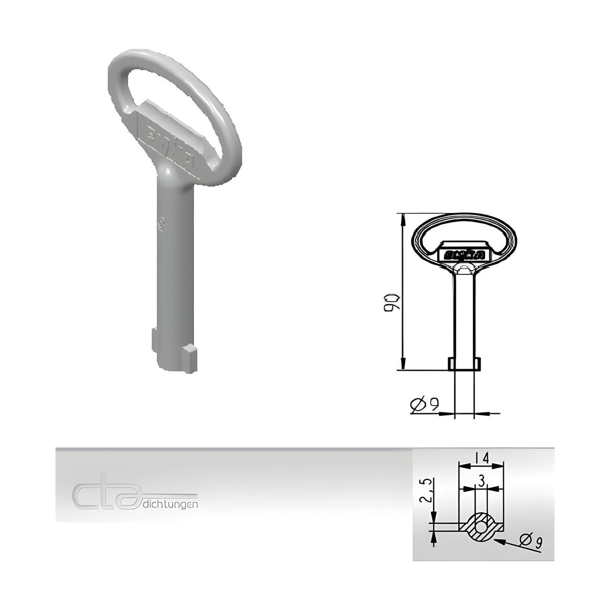 Double-bit key, 3 mm, die-cast zinc black (1C04-05) – view 3