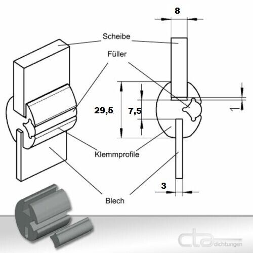 1m Klemmprofil Gummiprofil Fensterprofil Oldtimer 8 und 3mm 1C30-7046 +Füller