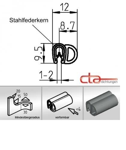 1 m Dichtungsprofil Dichtprofil Kantenschutz EPDM PVC schwarz KB 1 - 2mm 1C11-20
