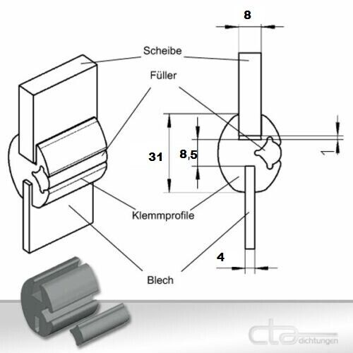 1m Klemmprofil Gummiprofil Fensterprofil Oldtimer 8 und 4mm 1C30-7047 +Füller