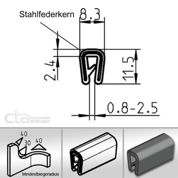 1 m Kantenschutz Kantenschutzprofil Dichtprofil KB 1-2,5 mm EPDM schwarz 1C10-12