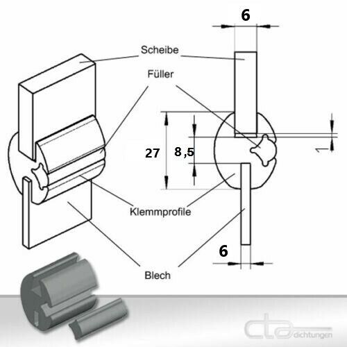 1m Klemmprofil Gummiprofil Fensterprofil Oldtimer 6 und 6 mm 1C30-7043 +Füller