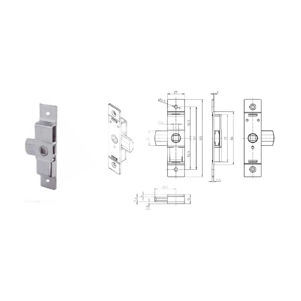 Zungenschloss, Vierkant 8 mm, 125 × 27 mm, Zink-Druckguss verzinkt (1C01-U44)