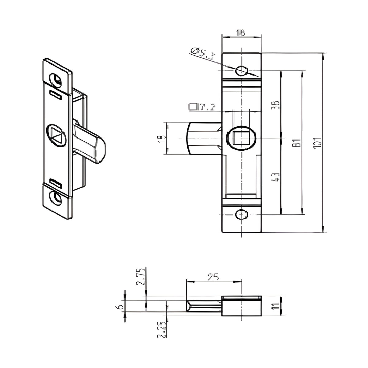 Zungenschloss, Vierkant 7 mm, 101 × 18 mm, Zink-Druckguss verzinkt (1C01-U43)