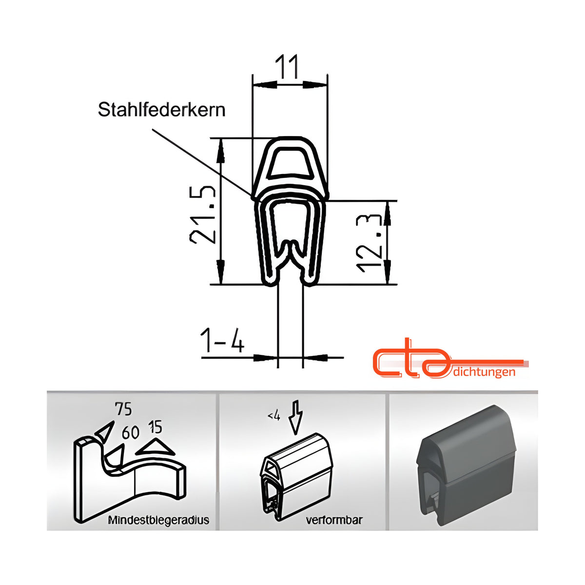 Klemmprofil mit Dichtkopf EPDM / PVC, Klemmbereich 1–4 mm, schwarz (1C11-18) – Ansicht 5