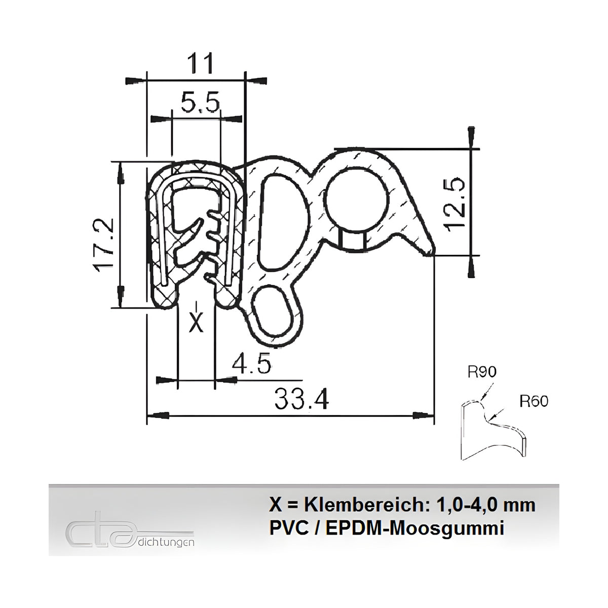 Klemmprofil mit Dichtkopf EPDM / PVC, Klemmbereich 1–4 mm, schwarz (1C11-9263)