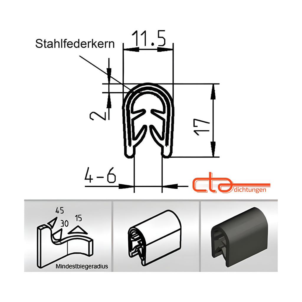 Kantenschutzprofil mit Stahlkern PVC, Klemmbereich 4–6 mm, schwarz (1C10-11)