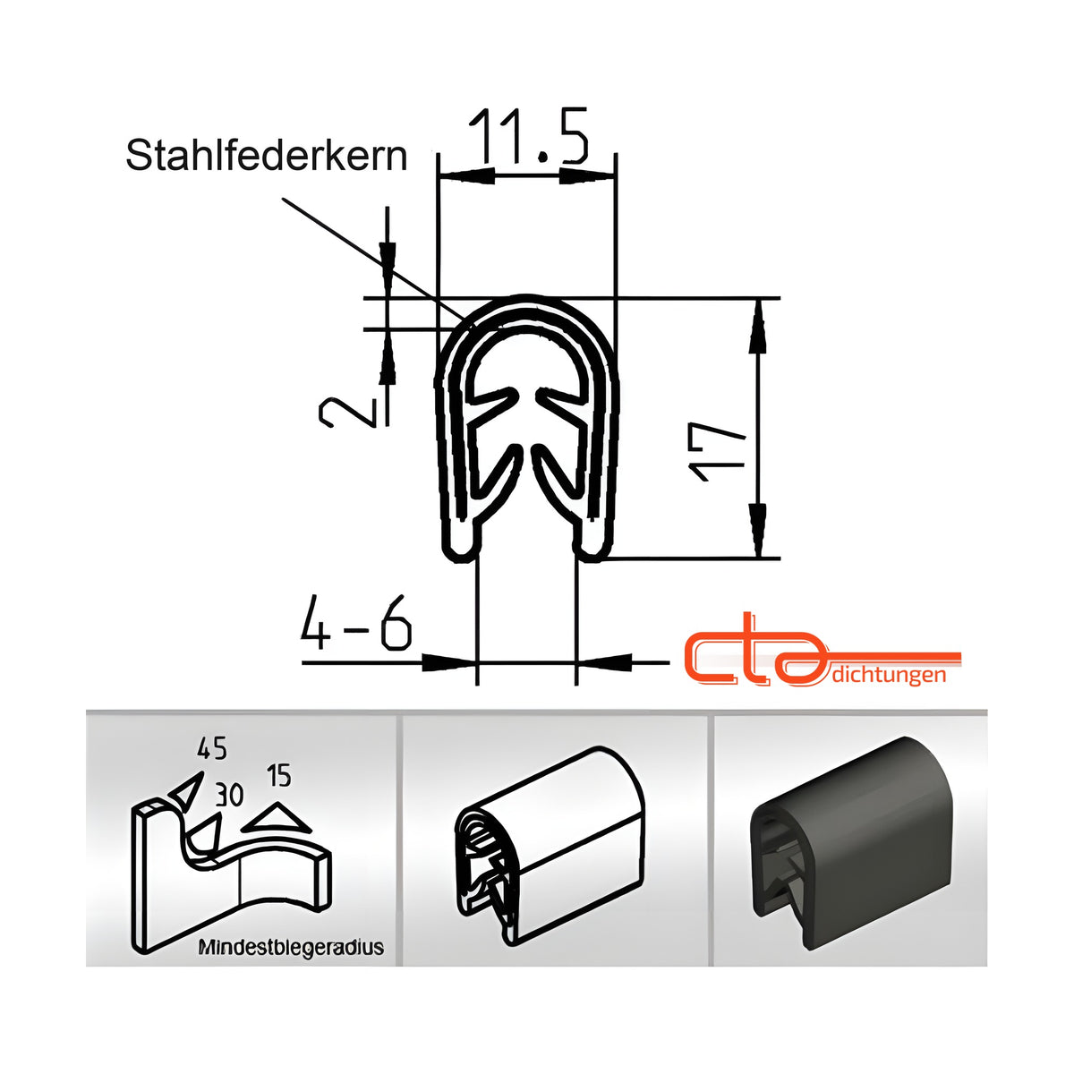 Kantenschutzprofil mit Stahlkern PVC, Klemmbereich 4–6 mm, schwarz (1C10-11)