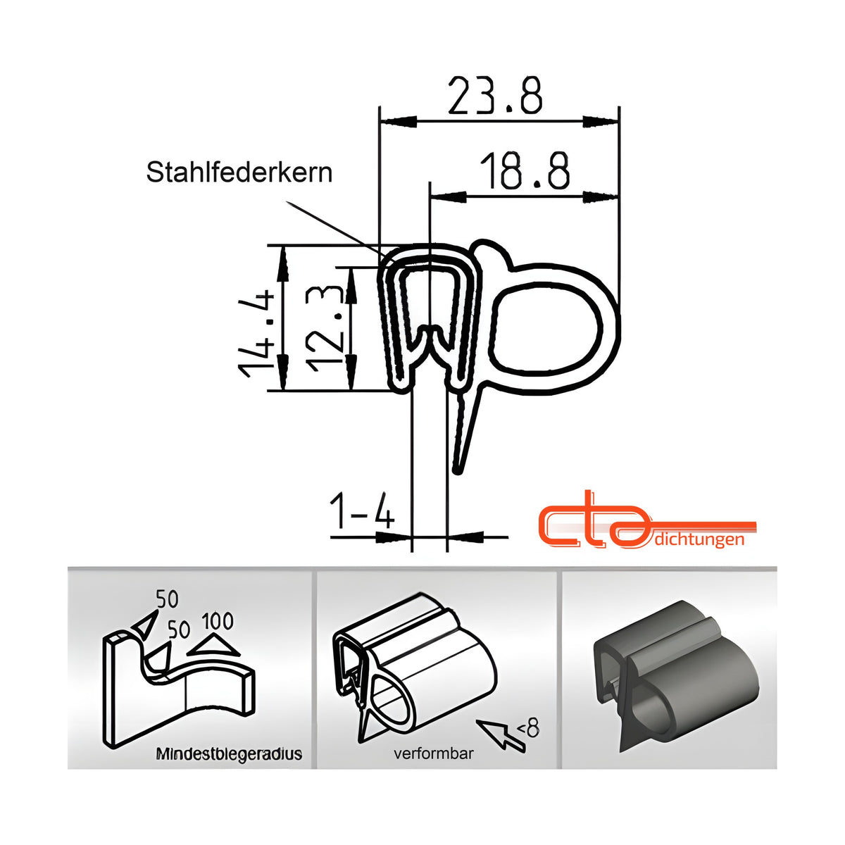 Klemmprofil mit Dichtkopf EPDM / PVC, Klemmbereich 1–4 mm, schwarz (1C11-25)