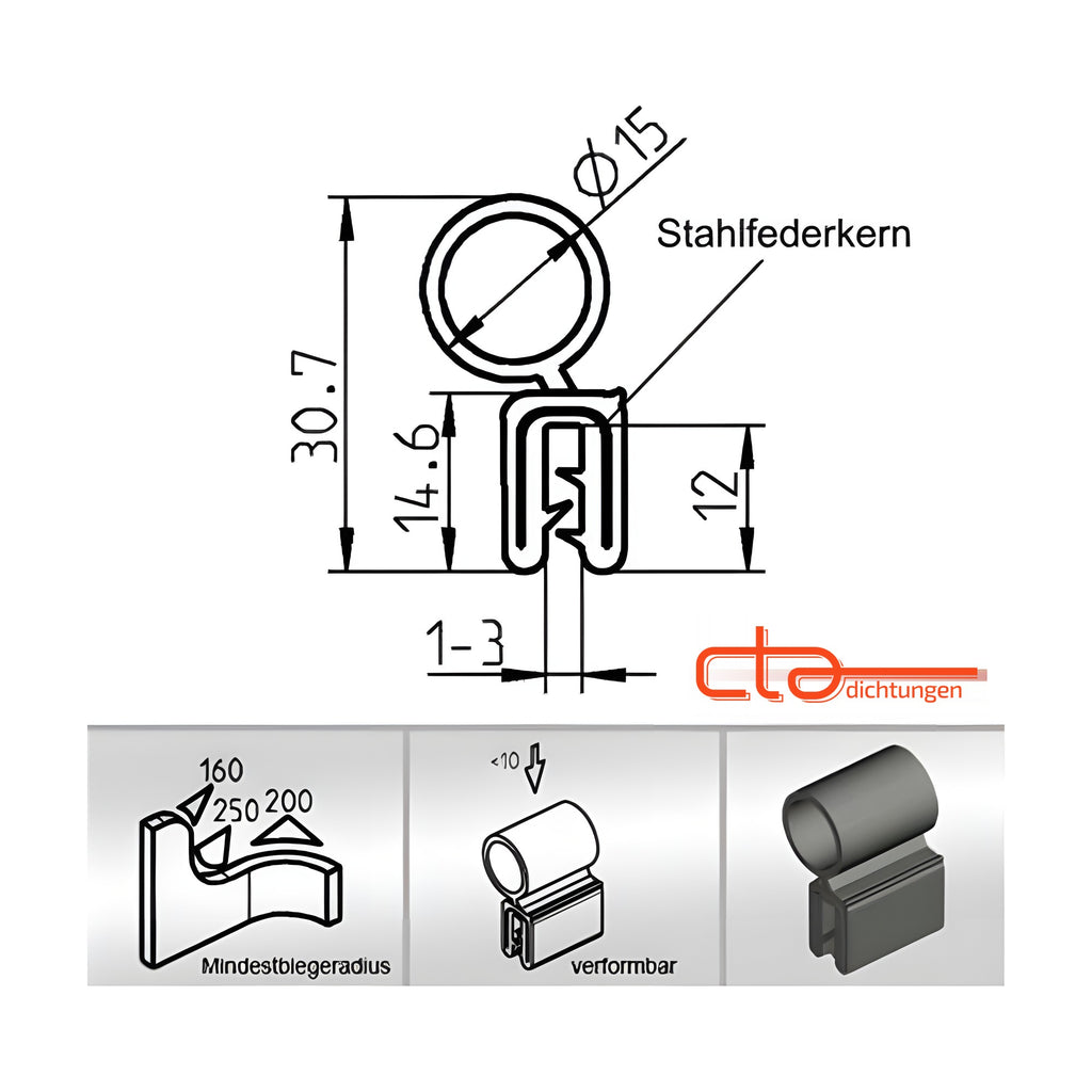 Klemmprofil mit Dichtkopf EPDM, Klemmbereich 1–3 mm, schwarz (1C11-34) – Ansicht 5