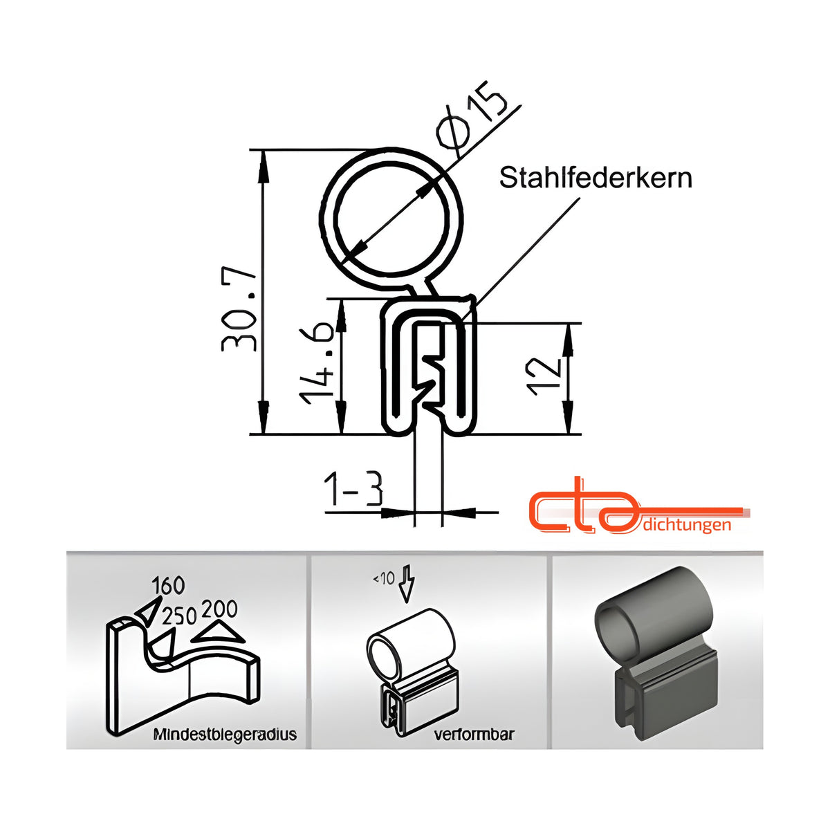 Klemmprofil mit Dichtkopf EPDM, Klemmbereich 1–3 mm, schwarz (1C11-34) – Ansicht 5