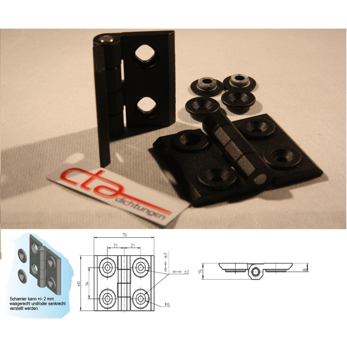 Surface-mounted hinge, 60 × 76 mm, die-cast zinc black (1C56-U27)