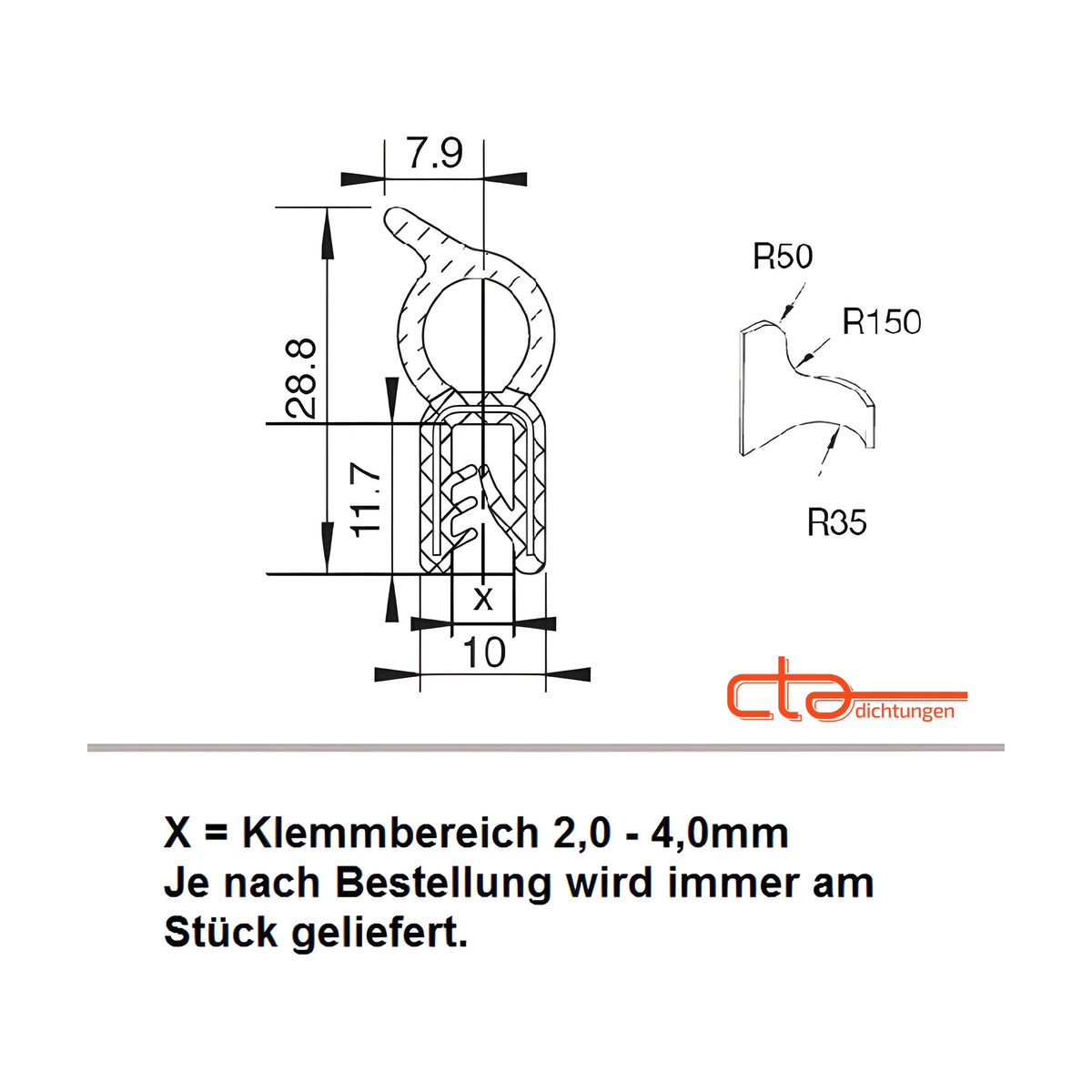 Klemmprofil mit Dichtkopf EPDM, Klemmbereich 2–4 mm, schwarz (1C11-9199)