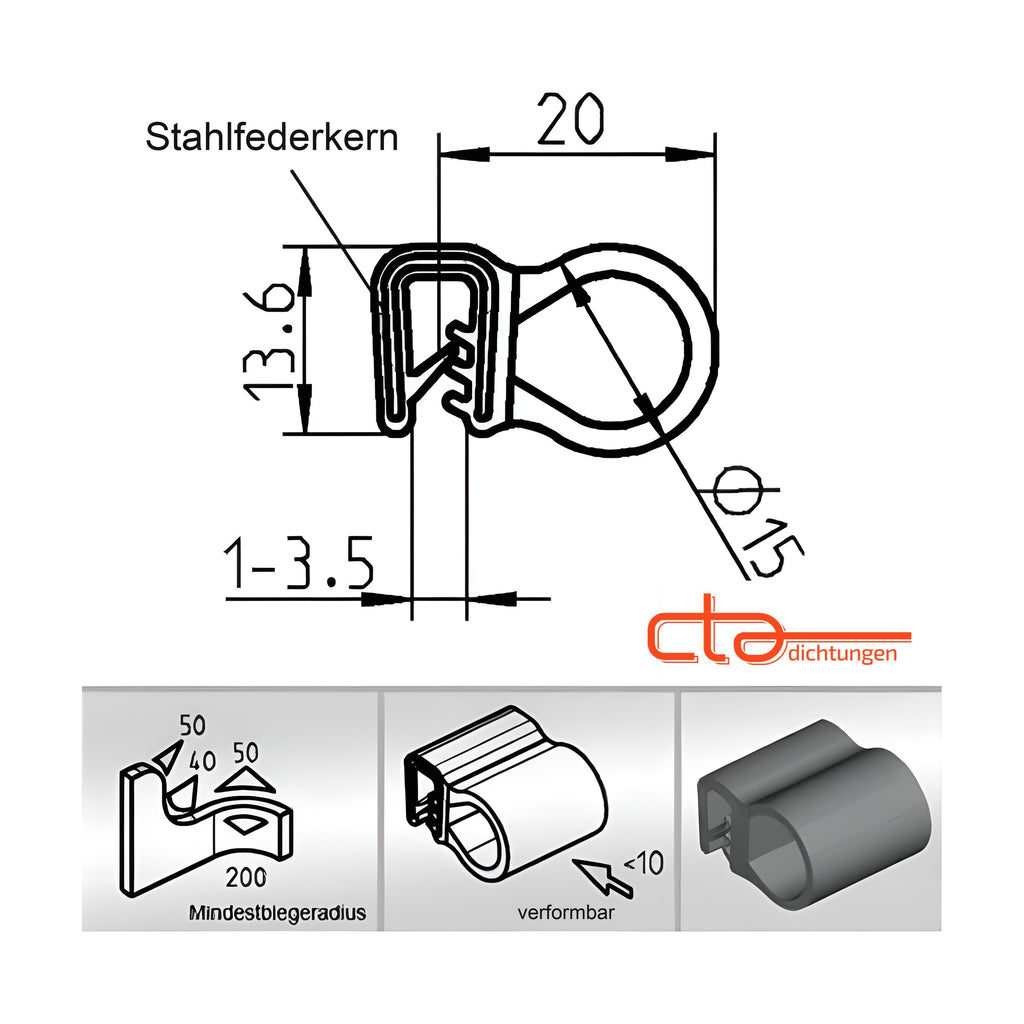 Klemmprofil mit Dichtkopf EPDM, Klemmbereich 1–3,5 mm, schwarz (1C11-12)