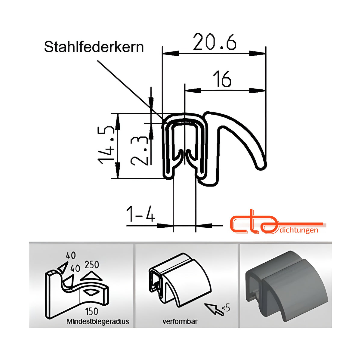 Klemmprofil mit Dichtkopf EPDM / PVC, Klemmbereich 1–4 mm, schwarz (1C11-17) – Ansicht 5