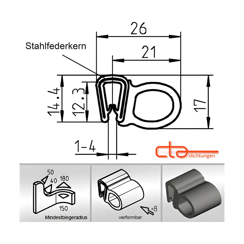 Klemmprofil mit Dichtkopf EPDM / PVC, Klemmbereich 1–4 mm, schwarz (1C11-22)