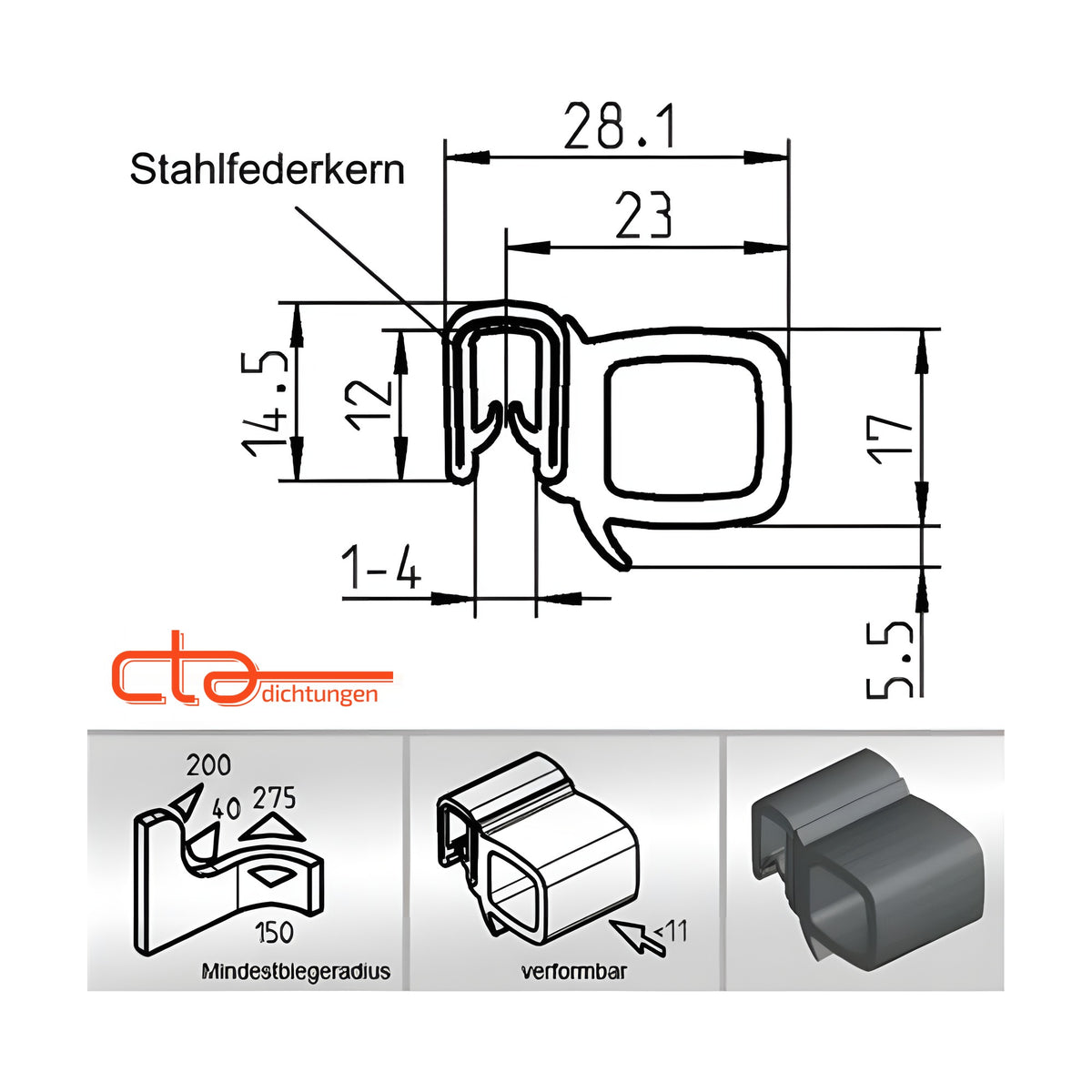 Klemmprofil mit Dichtkopf EPDM / PVC, Klemmbereich 1–4 mm, schwarz (1C11-26) – Ansicht 5