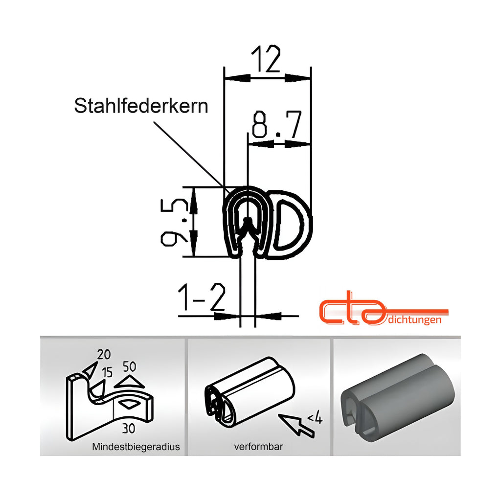 Klemmprofil mit Dichtkopf EPDM / PVC, Klemmbereich 1–2 mm, schwarz (1C11-20)