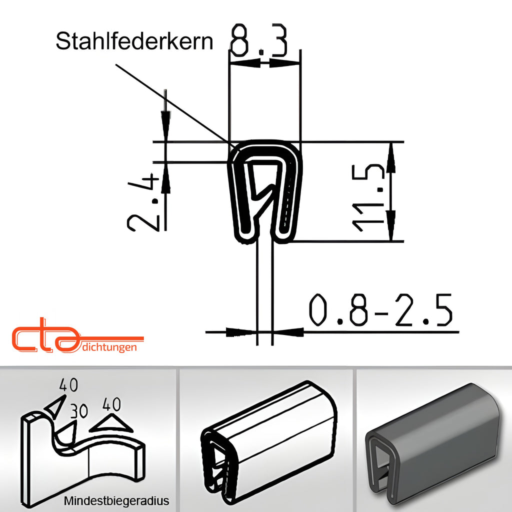 Kantenschutzprofil mit Stahlkern EPDM, Klemmbereich 0,8–2,5 mm, schwarz (1C10-12) – Ansicht 5