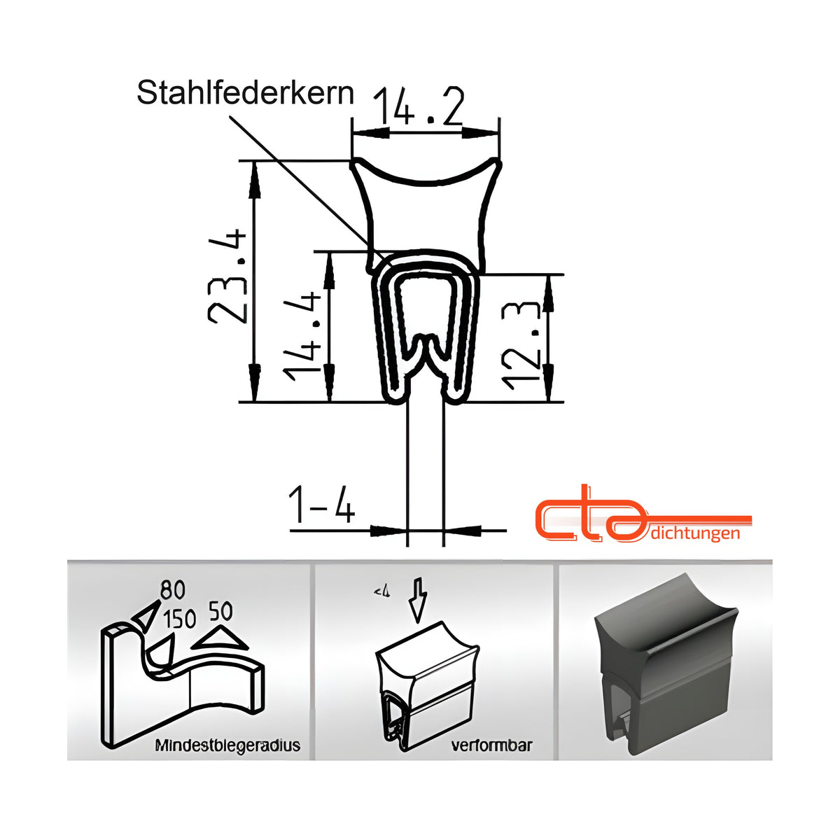 Klemmprofil mit Dichtkopf EPDM / PVC, Klemmbereich 1–4 mm, schwarz (1C11-21)