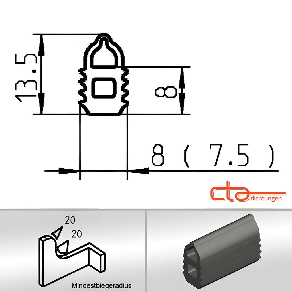 Türdichtung mit Lippe EPDM, Klemmkanal 8 mm, schwarz (1C38-01) – Ansicht 6