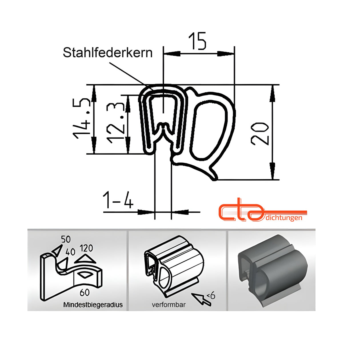 Klemmprofil mit Dichtkopf EPDM / PVC, Klemmbereich 1–4 mm, schwarz (1C11-23)