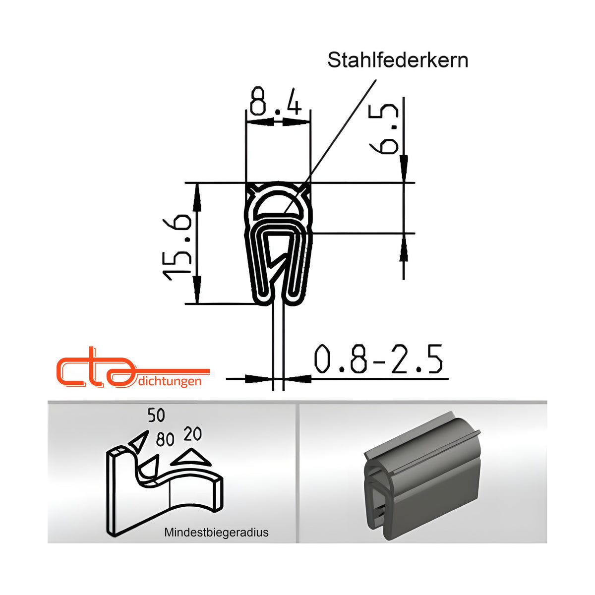 Klemmprofil mit Dichtkopf EPDM, Klemmbereich 0,8–2,5 mm, schwarz (1C11-10)