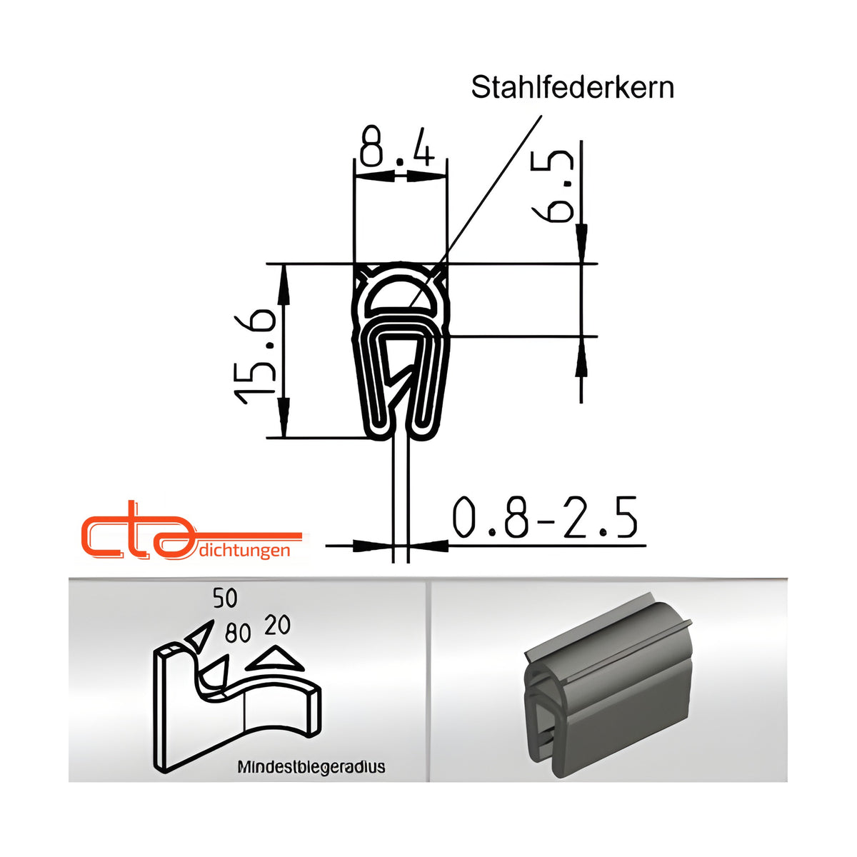 Klemmprofil mit Dichtkopf NBR, Klemmbereich 0,8–2,5 mm, schwarz (1C11-50) – Ansicht 4