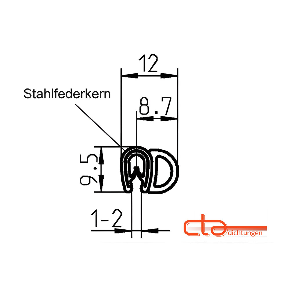 Klemmprofil mit Dichtkopf EPDM / PVC, Klemmbereich 1–2 mm, schwarz (1C11-20)