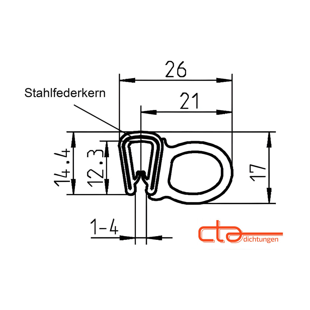 Klemmprofil mit Dichtkopf EPDM / PVC, Klemmbereich 1–4 mm, schwarz (1C11-22)