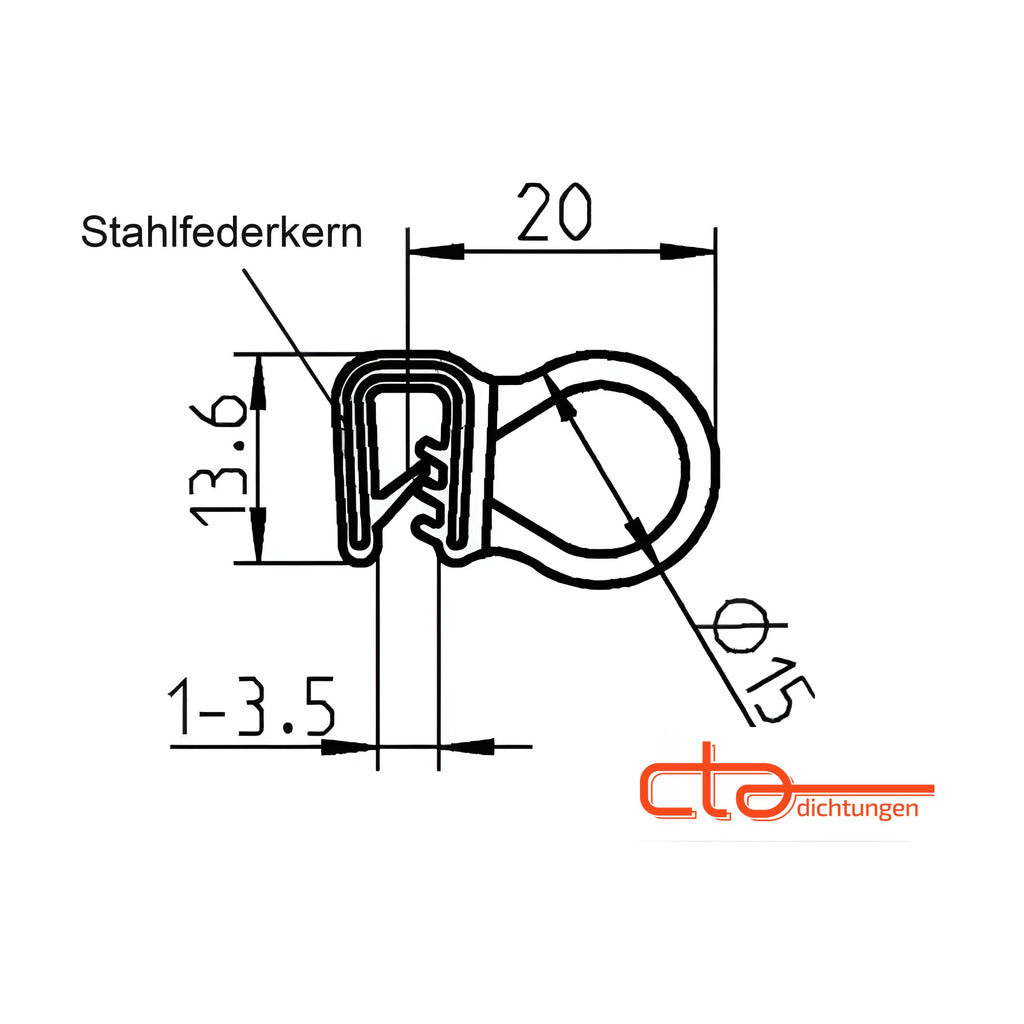 Klemmprofil mit Dichtkopf EPDM, Klemmbereich 1–3,5 mm, schwarz (1C11-12)