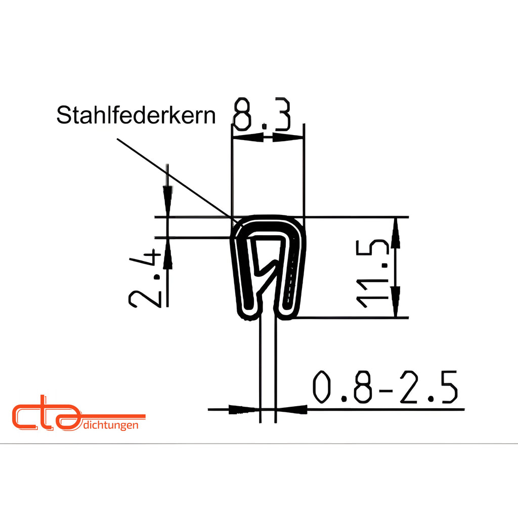 Kantenschutzprofil mit Stahlkern EPDM, Klemmbereich 0,8–2,5 mm, schwarz (1C10-12) – Ansicht 4